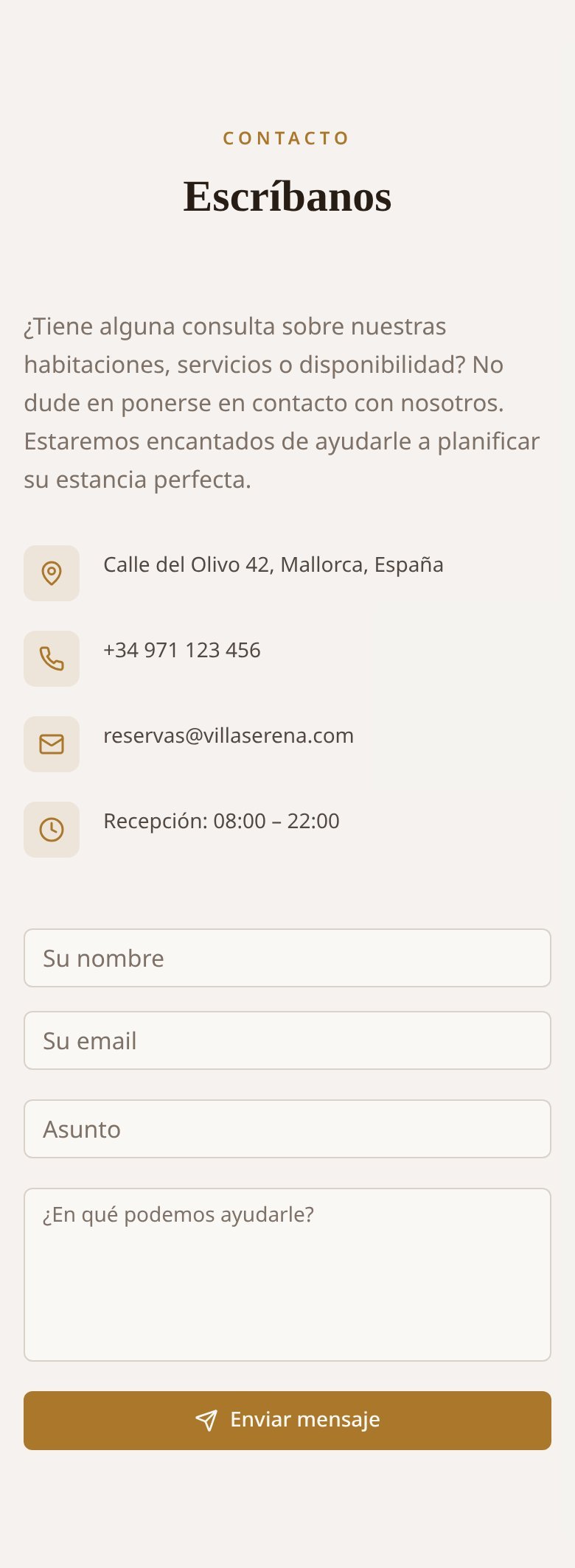 Dati di posizione e contatto del sito demo, su mobile